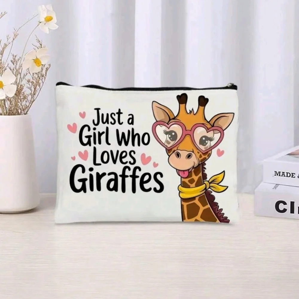 Just A Girl Who Loves Giraffes White Cosmetic Bag Giraffe Print Zip Pouch Purse